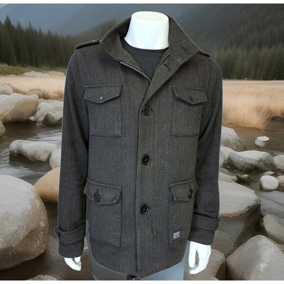 Kr3w Herringbone Field Jacket Military Style Men's M Gray Lined Pea Coat - Picture 14 of 14